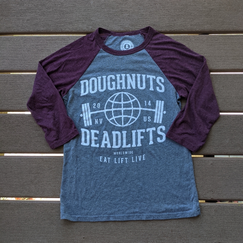 Small Doughnuts & deadlifts baseball tee